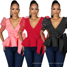 Red Blouses Long Sleeves Left Big Leaves Elegant Office Ladies Classy Modest Tops Shirt Women Fashion Spring Bluas Female Summer